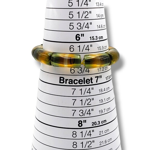 Vintage Art Glass Bead Stretch Bracelet Olive Green Marigold Yellow Clear Stripe - Picture 7 of 7